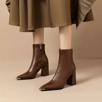 Pointed high-heeled short boots women s 2025 leather autumn and winter new metal-toed Martin boots thick heel and ankle boots single boots 34 коричневый