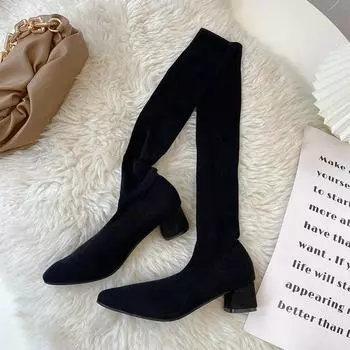 Pointed high-heeled thin boots women s new elastic long tube thick-heeled knee socks boots boots 35