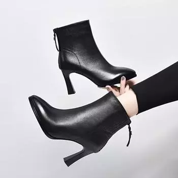 Pointed high-heeled women s boots autumn and winter new ankle boots first layer cowhide rear zipper leather boots women s fashion boots 35