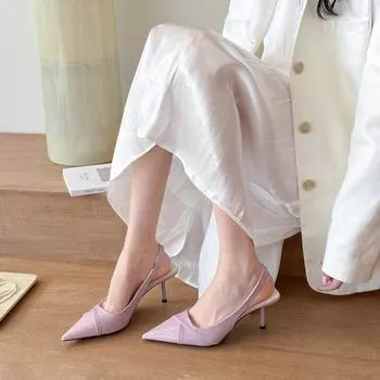 Pointed high heels, pink bag head sandals, fairy shoes 2025 new spring and summer French temperament splicing single shoes 35 светло-зеленый