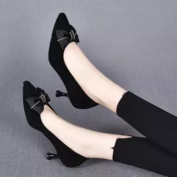 Pointed high heels spring new bow light mouth one pedal sheepskin fashion shoes black single shoes 35
