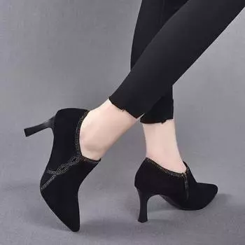Pointed high heels spring new fashion sheepskin rhinestone single shoes stiletto zipper fashion shoes 35