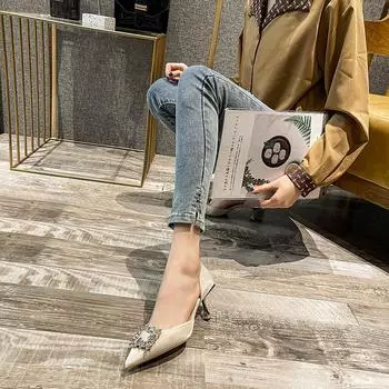 Pointed high heels summer sandals women s new black stiletto fairy wind middle heel single shoes rhinestone metal buckle satin 34 чёрный