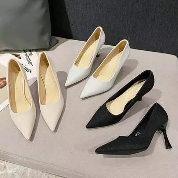 Pointed high heels, thin heels, shallow mouth women s shoes 2025 spring new sexy thin flash high heels, women s G8288-39 34 чёрный