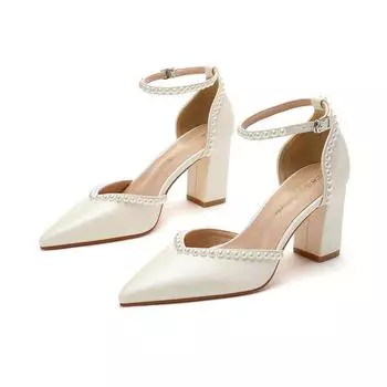 Туфли на высоком каблуке, белые свадебные туфли, толстый каблук, полый, с одним словом, пояс, наклейка ручной работы, жемчужные женские свадебные туфли, банкетные туфли 34 белый