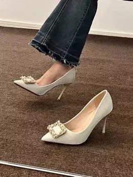 Pointed high heels women s 2025 spring new versatile square buckle rhinestone pearl wedding shoes shallow stiletto shoes 34 абрикосовый