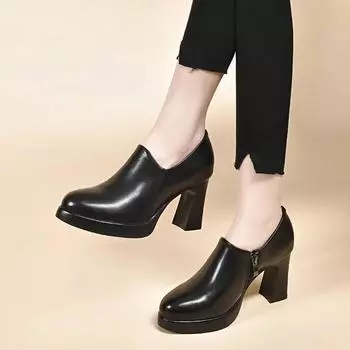 Pointed high heels women s autumn new waterproof platform thick heel fashion shoes cowhide deep mouth single shoes ankle boots 34