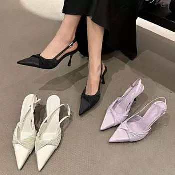 Pointed high heels women s black 2025 new spring and summer Korean version French shallow mouth single shoes thin heel bag head sandals 35 чёрный