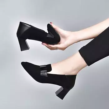 Pointed high heels women s shoes autumn new sheepskin square buckle thick heel single shoes fashion shoes four seasons shoes work shoes 34