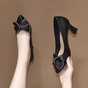 Pointed high heels women s spring and summer new bow cowhide shallow mouth single shoes simple temperament fashion shoes 34