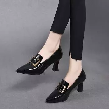 Pointed high heels women s spring new square buckle foot shoes cow patent leather one-pedal fashion shoes 34