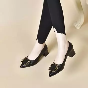 Pointed high heels women s spring new round buckle shallow mouth one pedal fashion shoes four seasons small single shoes work shoes 34