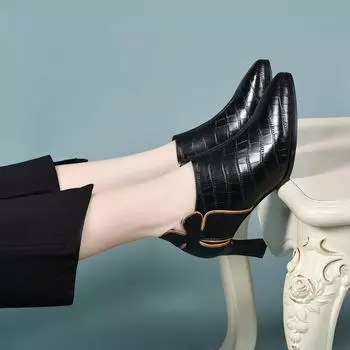 Pointed high heels women s spring new plaid cowhide flower fine heel deep mouth single shoes fashion ankle shoes 34