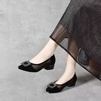Pointed high heels women s square buckle rhinestone mesh single shoes shallow mouth one pedal four seasons shoes women s fashion shoes 34