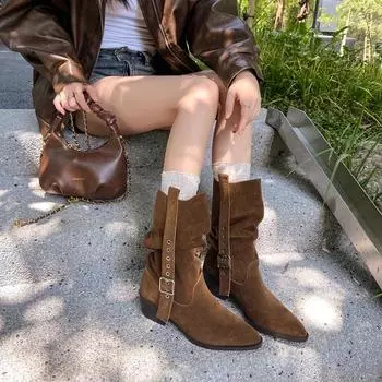 Pointed high thick heel pleated belt buckle decorative splicing short boots children s autumn new fashion black apricot brown 35