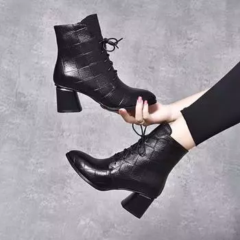 Pointed leather boots women s autumn and winter new black embossed cowhide lace-up thick heel high heel boots fashion boots 34