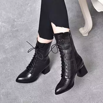 Pointed leather boots women s medium boots new black embossed cowhide thick heel lace-up fashion boots high heel boots 34
