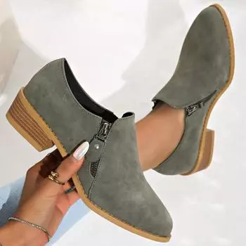 Pointed Low Heel Deep Mouth Single Shoes Large Size Chunky Heel Double Zipper 36 армия зеленый