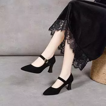 Pointed Mary Jane shoes spring new black temperament women s shoes one-word buckle shallow mouth women s high heels 34