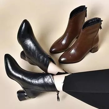 Остроносые средние короткие сапоги женские хлопковые сапоги 2024 осень и зима новый темперамент одинарные сапоги мягкие кожаные толстые каблуки матери сапоги тонкие сапоги 35