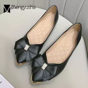 Женские балетки с острым металлическим носком, украшенные кристаллами и бантом, женские мокасины из искусственной кожи, неглубокие мокасины без застежек, большие размеры 36-42 6 абрикосовый