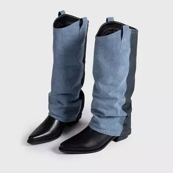 Pointed pleated high-heeled piled boots women s autumn and winter new thick-heeled boots but knee-high cowboy boots 35