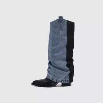 Pointed pleated high-heeled piled boots women s autumn and winter new thick-heeled boots but knee-high cowboy boots 35