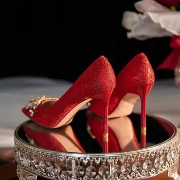 Pointed rhinestone satin stiletto women s shoes red festive high heels wedding shoes bridesmaid shoes 34