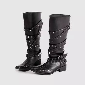 Pointed Rivet Knight Boots Women s New Black Retro Belt Buckle But Knee Boots Skinny Thick Heel Boots 35