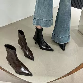Pointed short boots women s 2025 new boots fleece short boots niche thin women s boots thin heel high heel boots 35 чёрный