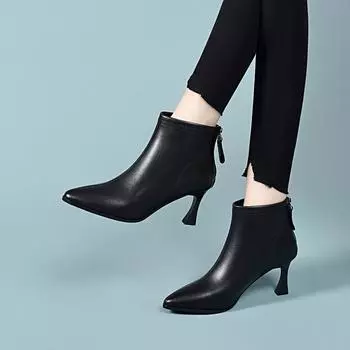 Pointed short boots women s autumn and winter simple temperament fashion boots black thin rear zipper leather boots cotton boots 34