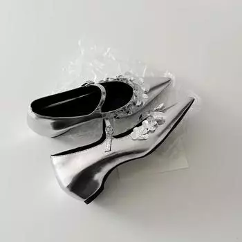Pointed silver sequined flower Mary Jane women s shoes one-word buckle with shallow mouth inner height increase single shoes 35