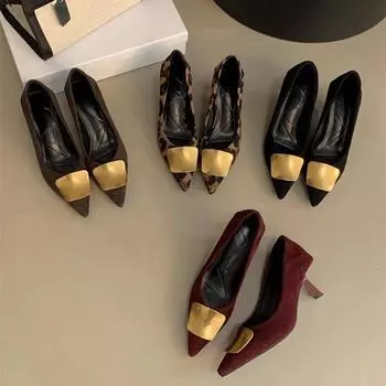 Pointed single shoes women s fine heel leopard print 2025 spring and autumn new temperament sequined square buckle suede high heels 35 чёрный