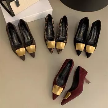 Pointed single shoes women s fine heel leopard print 2025 spring and autumn new temperament sequined square buckle suede high heels 35 чёрный