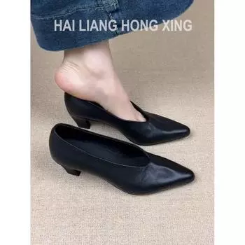 Pointed single shoes women s shallow mouth versatile temperament commuter shoes retro black thick heel high heels 35