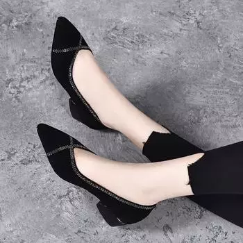 Pointed single shoes women s spring new rhinestone sheepskin temperament low heel women s shoes women s black work shoes 35