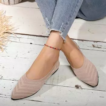 Pointed Slip on Flats Shoes Women New Fashion Solid Color Knitted Casual Loafers Women Breathable Ballet Shallow Shoes for Women 35