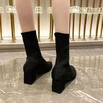 Pointed socks boots, new mid-tube flying-woven elastic boots in autumn and winter of 2024, high-heeled black thin boots, thick-heeled short boots fo 35