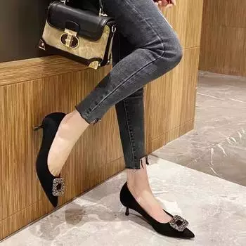 Pointed square buckle single shoes black high heels women s 2025 spring new autumn fine heel rhinestone suede not tired feet temperament 34