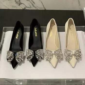 Pointed stiletto high heels women s 2025 new autumn not tired feet middle heel rhinestone bow temperament versatile single shoes 35 слоновая кость