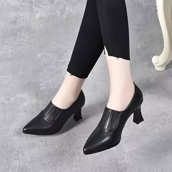 Pointed stiletto high heels women s spring British black first-layer cowhide organ pleated deep mouth single shoes fashion shoes 34