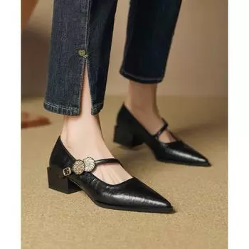 Pointed temperament metal buckle with high heels, light mouth thick heel commuting black single shoes women 34