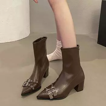 Pointed thick heel short boots women s 2024 new autumn and winter elastic thin boots retro high heel and bare boots fashion Martin boots 35 белый