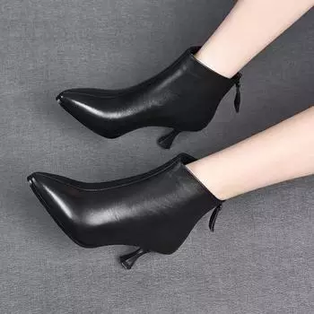 Pointed thin heel ankle boots women s new rear zipper fashion boots top layer cowhide high heel short boots 34