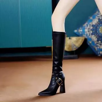 Острый носок 2024 Новые модные женские длинные сапоги дизайнерские роскошные трендовые рабочие весенне-осенние горячие женские туфли из искусственной кожи до колена с высоким голенищем 34