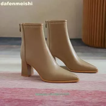 Pointed Toe Ankle Boots Women Chunky High Heel Leather Boots 2025 New Winter Back Zipper Solid Color Casual Concise Boots 34