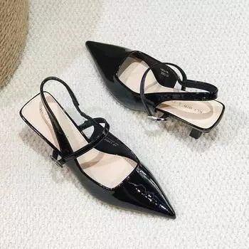 Pointed toe bag head sandals women s thin heel 2025 summer new elegant high heel back strap single shoes middle heel shoes G6832-69 34 чёрный