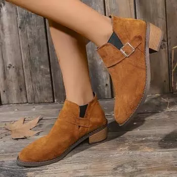Pointed Toe Chelsea Ankle Boots Women Mid Heels Suede Shoes Woman Winter 2025 Trend New Goth Casual Plus Size Chunky Botas Mujer 35 светло-коричневого