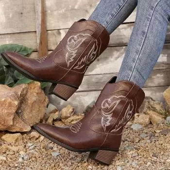 Pointed Toe Embroidered Women Western Boots 2024 Ankle Square Mid Heels Shoes Gladiator Designer Winter Botas Pumps Plus Size 43 36 чёрный