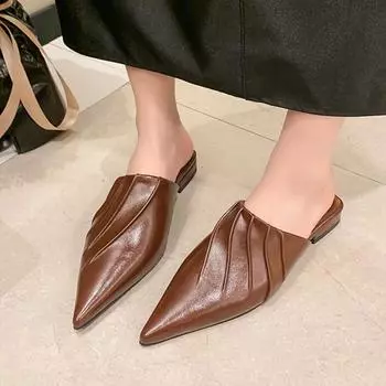 Pointed Toe Flats Slippers Women Fashion Shoes Summer Mules Sandals 2024 Dress Pleated Slingback Slides New Women Flip Flops 35 коричневый